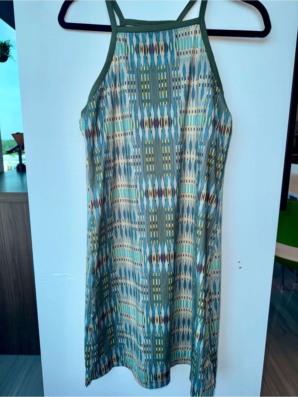 Prana Olive Geometric Halter Midi Dress with Multicolor Accents